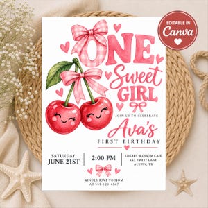 Op de afbeelding: Een witte verjaardagsuitnodiging met twee rode kersen met lachende gezichtjes, roze gingham strikjes en hartjes. De tekst luidt: ONE Sweet GIRL, Ava's FIRST BIRTHDAY, Saturday June 21st, 2:00 PM, Cherry Blossom Cafe, 123 Sweet Lane, Austin, TX.