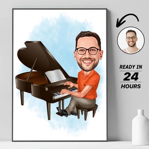 Gepersonaliseerde mannelijke pianist cartoon portret, aangepaste mannelijke pianist karikatuur tekenen van foto, grappige pianist karikatuur, cadeau voor pianist