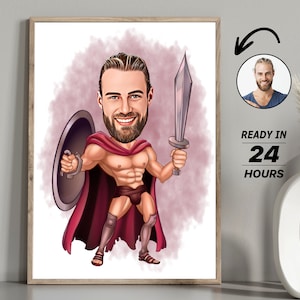Spersonalizowany portret gladiatora z kreskówek, spersonalizowany rysunek karykatury gladiatora ze zdjęcia, zabawna karykatura gladiatora, prezent dla taty