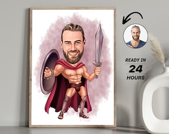 Personalized Gladiator Cartoon Portrait, Custom Caricature Drawing Gift