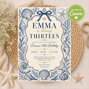 Editable 13th Birthday Invitation Coastal Seashell Invitation Navy Blue Nautical Birthday Party Invite Vintage Beach Shell Birthday Template