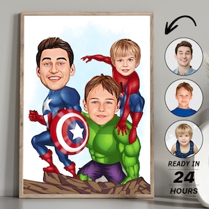 Portrait personnalisé de dessin animé de super-héros papa et deux fils, portrait de caricature de super-héros personnalisé, cadeau pour papa, super papa, photo d’enfants de super-héros