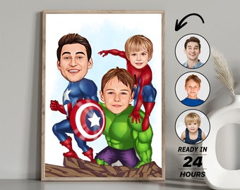 Personalized Dad and Two Son Superhero Cartoon Portrait, Custom Superhero Caricature Portrait, Gift for Dad, Super Dad, Superhero Kids Photo