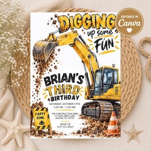 Puede incluir: Una invitación rectangular con una excavadora amarilla levantando tierra. El texto dice: DIGGING up some FUN, BRIAN'S THIRD BIRTHDAY, SATURDAY, OCTOBER 17TH, 2:00 PM - 5:00 PM, THE CONSTRUCTION ZONE, 123 BUILDERS LANE, AUSTIN, TX 78704, RSVP TO 555 123 4567.