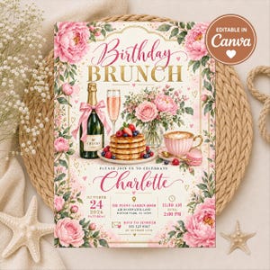 May include: A birthday brunch invitation card featuring pink peonies, a champagne bottle with a pink bow, a glass of champagne, a stack of pancakes with berries, a pink coffee cup, and a macaron. The text reads Birthday Brunch, Charlotte, October 24, 2026.