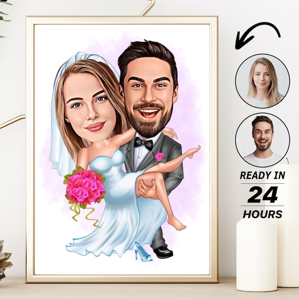 Portrait personnalisé de dessin animé de mariage, portrait caricatural de couple personnalisé, cadeau pour couple, portrait caricatural de mariage, dessin animé de couple