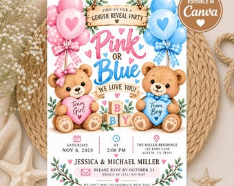 Teddy Bear Gender Reveal Invitation, Pink or Blue We Love You Invite, Watercolor Bear Gender Reveal, Team Boy Team Girl Digital Template
