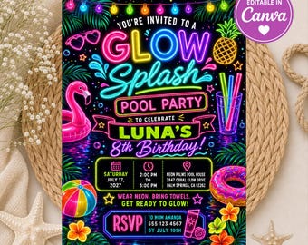 Neon Glow Splash Pool Party Invitation, Summer Birthday Invite Template, Glow in the Dark Party, Tropical Neon Invitation, Editable Canva