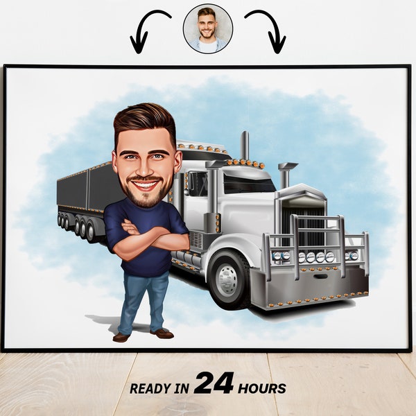 Portrait personnalisé de dessin animé de chauffeur de camion, dessin de caricature de chauffeur de camion personnalisé à partir d’une photo, chauffeur de camion drôle, cadeau pour chauffeur de camion