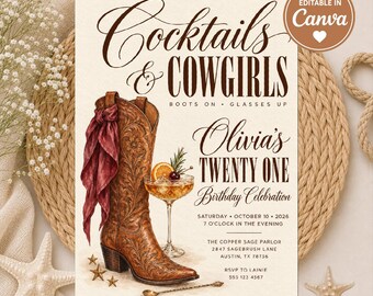 Cocktails and Cowgirls 21st Birthday Invitation Template, Editable Western Birthday Invite, Nashville Bachelorette Party, Boots and Booze
