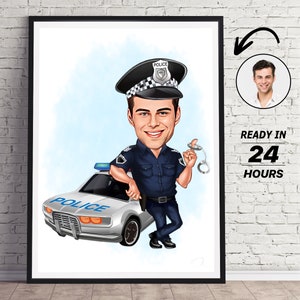 Gepersonaliseerde politieagent cartoon portret, aangepaste politie karikatuur tekening van foto, grappige politie karikatuur, cadeau voor politie