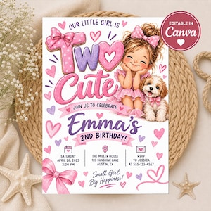 Puede incluir: Una tarjeta de invitación de cumpleaños con el texto "OUR LITTLE GIRL IS TWO CUTE" y "Emma's 2ND BIRTHDAY!", ilustrada con una niña, un cachorro, corazones rosas y lazos. La tarjeta incluye los detalles del evento para el 26 de abril de 2025.