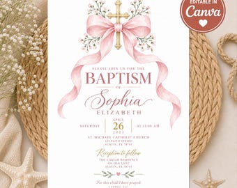 Girl Baptism Invitation Pink Bow, Elegant Watercolor Christening Invite Template, Gold Cross Religious Invitation for Girl, Digital Invite