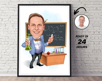 Personalized Chemistry Teacher Cartoon Portrait, Custom Caricature Drawing Gift