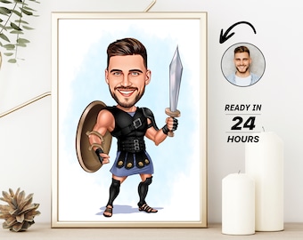 Personalized Gladiator Cartoon Portrait, Custom Caricature Drawing Gift
