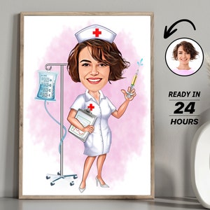 Retrato personalizado de dibujos animados de enfermera femenina, dibujo de caricatura de enfermera personalizada de la foto, caricatura de enfermera divertida, regalo para enfermera