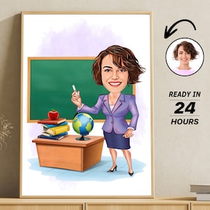 Personalized Female Teacher Cartoon Portrait, Custom Teacher Caricature Drawing from Photo, Funny Teacher Caricature, Gift for Teacher