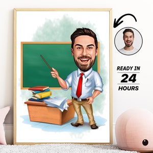 Retrato personalizado de dibujos animados de maestro masculino, dibujo personalizado de caricatura de maestro masculino a partir de una foto, caricatura divertida de maestro, regalo para el maestro