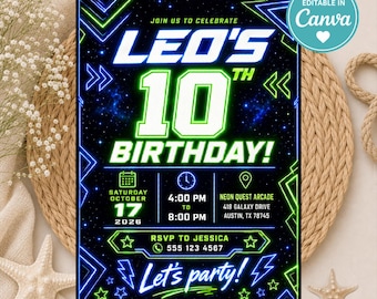 Neon Glow Birthday Invitation, Gamer Party Invite for Boys, Glow in the Dark Birthday, Laser Tag Invitation, Space Theme Digital Invite