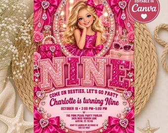 Pink Glamour 9th Birthday Invitation, Girly Sequin Fashion Party Invite, Editable Doll Theme Birthday Invitation, Digital Download