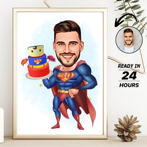 Gepersonaliseerde mannelijke verjaardag superheld cartoon portret, aangepaste verjaardag karikatuur, cadeau voor man, verjaardag cartoon, karikatuur van foto