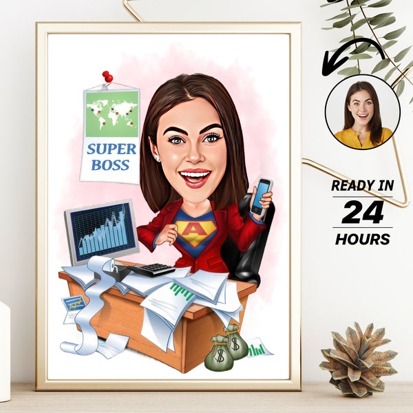 Personalized Female Super Boss Cartoon Portrait, Custom Female Boss Caricature Drawing from Photo, Funny Boss Caricature, Gift for Boss