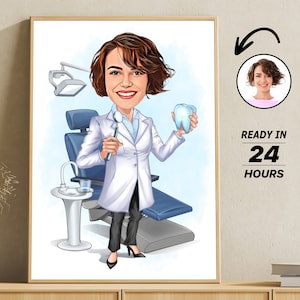 Retrato personalizado de dibujos animados de dentista femenino, foto de dibujo de caricatura de dentista femenino personalizado, caricatura de dentista divertida, regalo para dentista