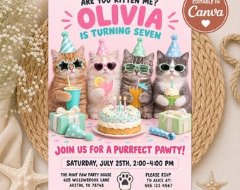 Editable Kitten Birthday Invitation Template, Cat Party Invite, Purrfect Pawty, Are You Kitten Me, Girl Birthday Digital Download, Pastel