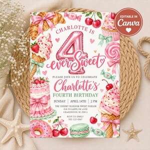 Op de afbeelding: Een verjaardagsuitnodigingskaart met aquarelillustraties van een croissant, ijshoorntjes, taart, donut, kersen en snoepjes. De tekst luidt: Charlotte is 4 ever Sweet, Charlotte's Fourth Birthday, Sunday April 14th 2 PM.