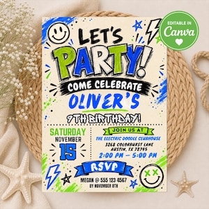 May include: A rectangular birthday invitation card featuring the text LET'S PARTY! COME CELEBRATE OLIVER'S 9TH BIRTHDAY! The design includes blue and green paint splatters, lightning bolts, stars, and smiley faces on a cream background.