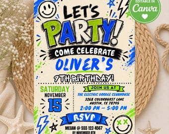 Doodle Birthday Invitation for Boys, Hand Drawn Sketch Party Invite, Customizable Digital Invite, Graffiti Style 9th Birthday Invitation