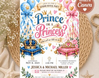 Royal Prince or Princess Gender Reveal Invitation, Pink or Blue Fairytale Castle Invite, Watercolor Crown Gender Reveal Template Printable