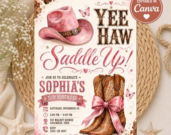 Pink Cowgirl Birthday Invitation, Yee Haw Saddle Up Western Birthday Invite, Girls Watercolor Rodeo Party, Editable 5th Birthday Template