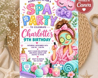 Spa Party Invitation Girl, Editable Pamper Party Invite, Watercolor Spa Birthday Invitation, Digital Download, Girls Pampering Birthday