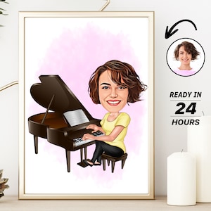 Ritratto personalizzato del fumetto di pianista femminile, caricatura personalizzata di pianista femminile disegno da foto, caricatura divertente di pianista, regalo per pianista