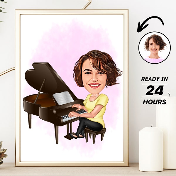 Personalized Female Pianist Cartoon Portrait, Custom Female Pianist Caricature Drawing from Photo,Funny Pianist Caricature, Gift for Pianist