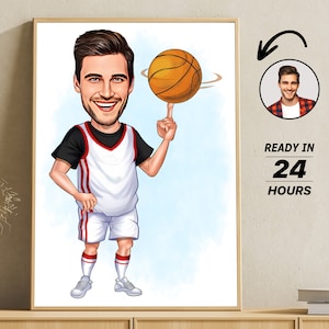 Retrato personalizado de dibujos animados de jugador de baloncesto, dibujo de caricatura de jugador de baloncesto divertido personalizado de la foto, regalo para jugador de baloncesto