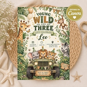 Op de afbeelding: Een verjaardagsuitnodiging met een groene jeep met een cartoonolifant, leeuw en luipaard, omringd door junglebladeren, een giraf en een aap. De tekst luidt Young Wild and Three, Let's Celebrate Leo, met evenementdetails en een Canva-logo.