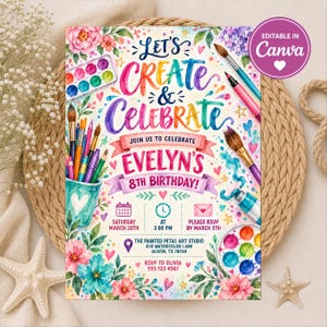 Watercolor Art Party Invitation, Editable Girls Painting Birthday Invite Template, Rainbow Floral Birthday, Art Studio Party Invite
