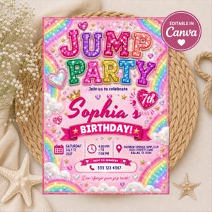 May include: A rectangular birthday party invitation featuring a rainbow background, sequin-style text reading JUMP PARTY, and the name Sophia. Includes details for a July 17, 2027 event at Rainbow Springs Jump Club, with a pink banner and hearts.
