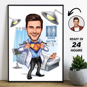 Personalized Super Doctor Cartoon Portrait, Custom Doctor Caricature, Doctor Gift, Funny Doctor Cartoon Portrait, Doctor Caricature Photo