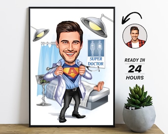 Personalized Super Doctor Cartoon Portrait, Custom Doctor Caricature, Doctor Gift, Funny Doctor Cartoon Portrait, Doctor Caricature Photo