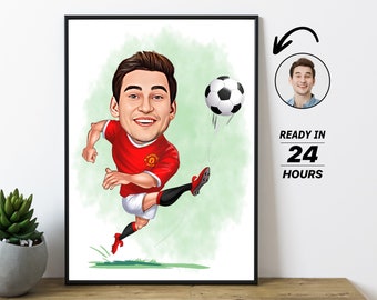 Gepersonaliseerde voetbalspeler cartoon portret, aangepaste voetbalspeler karikatuur tekenen van foto, grappige voetbalspeler karikatuur cadeau voor hem