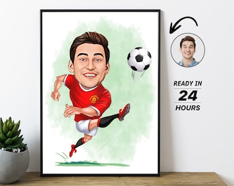 Gepersonaliseerde voetbalspeler cartoon portret, aangepaste voetbalspeler karikatuur tekenen van foto, grappige voetbalspeler karikatuur cadeau voor hem