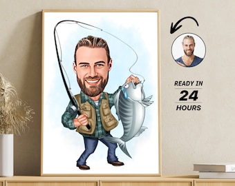 Portrait personnalisé de dessin animé de pêcheur, dessin de caricature de pêcheur personnalisé à partir d’une photo, caricature drôle de pêcheur, cadeau pour pêcheur