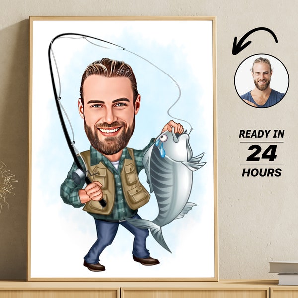 Retrato personalizado de dibujos animados de pescadores, dibujo de caricatura de pescador personalizado de la foto, caricatura de pescador divertida, regalo para pescador