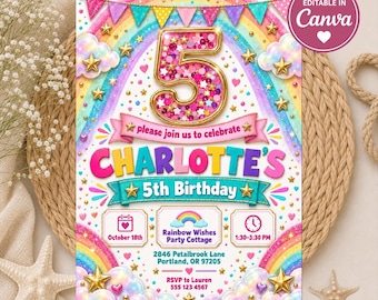Rainbow 5th Birthday Invitation Girl, Editable Pastel Rainbow Invite, Gold Glitter Sparkle Birthday, Digital Download, Colorful Party