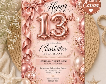 Rose Gold 13th Birthday Invitation Template, Editable Blush Pink Glitter Invite for Teenage Girl, Official Teenager Party, Digital Download