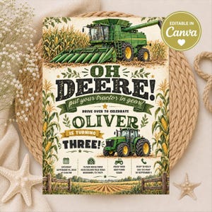 Oh Deere Tractor Birthday Invitation, Editable 3rd Birthday Boy Farm Invite Template, Green Harvest Combine Party, Little Farmer Invitation