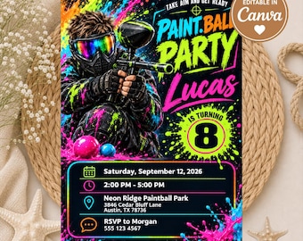 Paintball Birthday Invitation, Neon Splatter Boys Birthday Invite, Paint Ball Party Theme, Editable Digital Download Template, Glow Party
